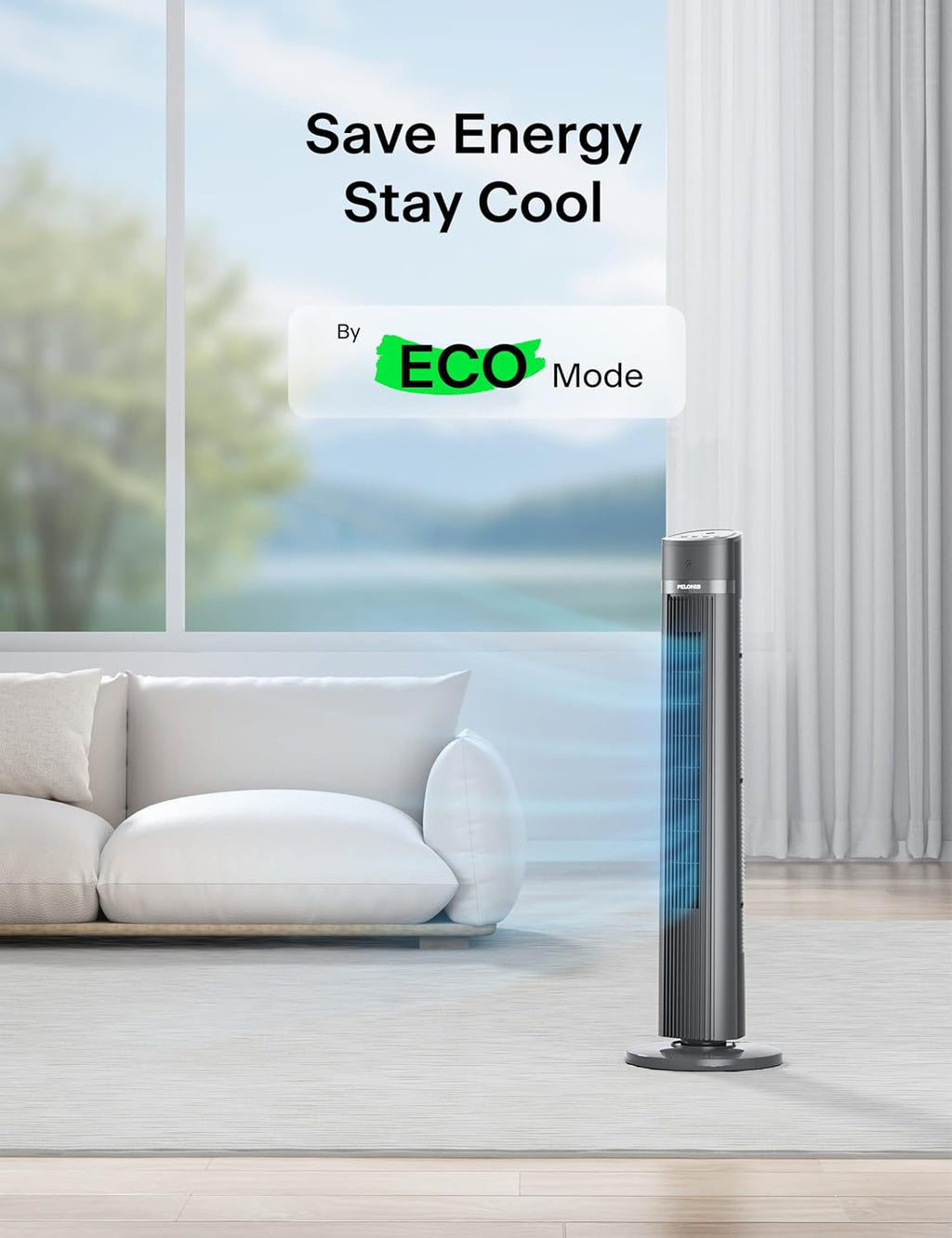 Pelonis 40-Inch Bladeless Tower Fan - Quiet 3-Speed Remote Control, 90° Oscillation, Black