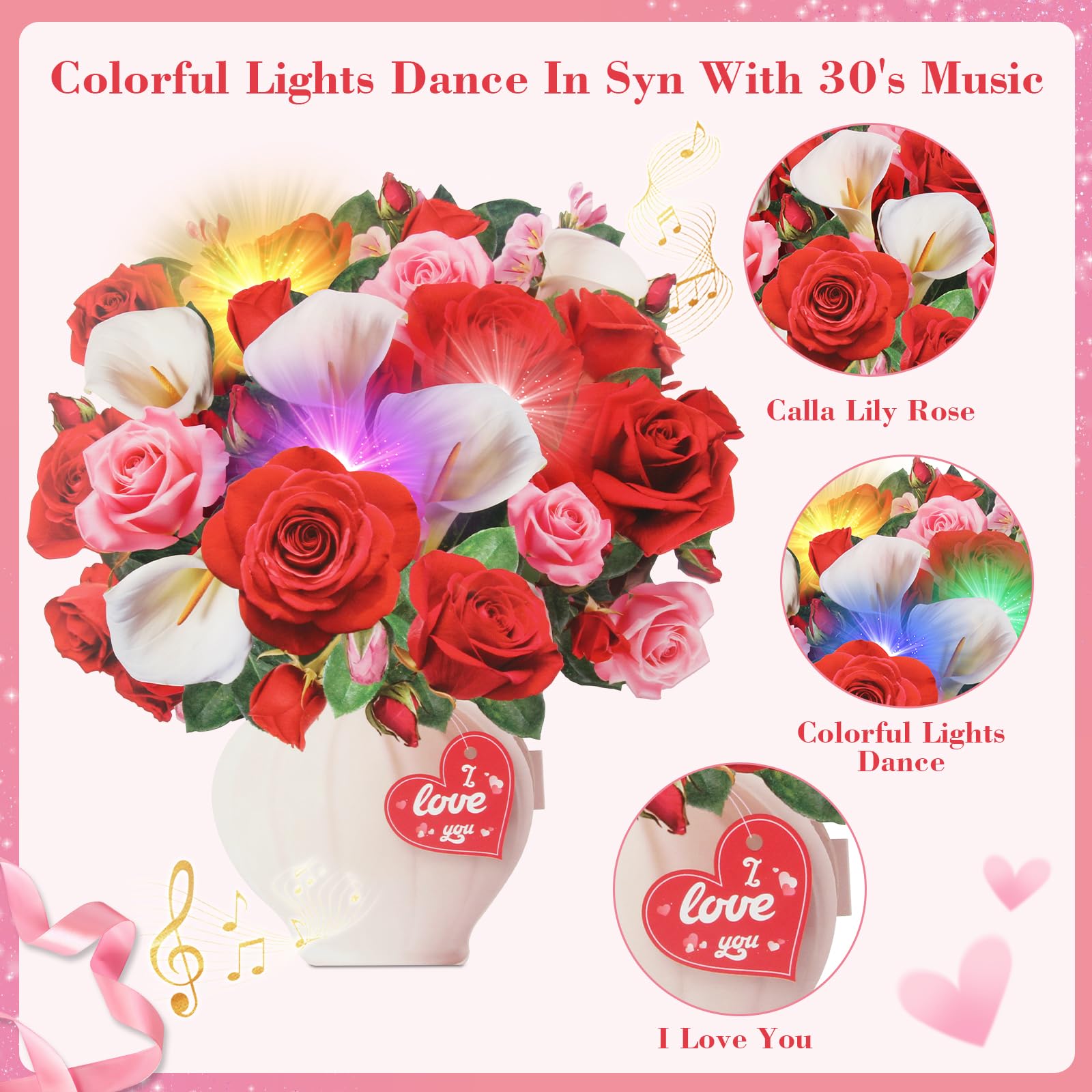 3D Pop Up Mother's Day Card, Happy Mothers Day Cards 11 Inch Forever Flower Bouquet with Music & Lights, Red Roses & White Calla Lilies, Anniversary Birthday Mothers Day Gift Card for Mom, Women, Wife, Girlfriend, Lover