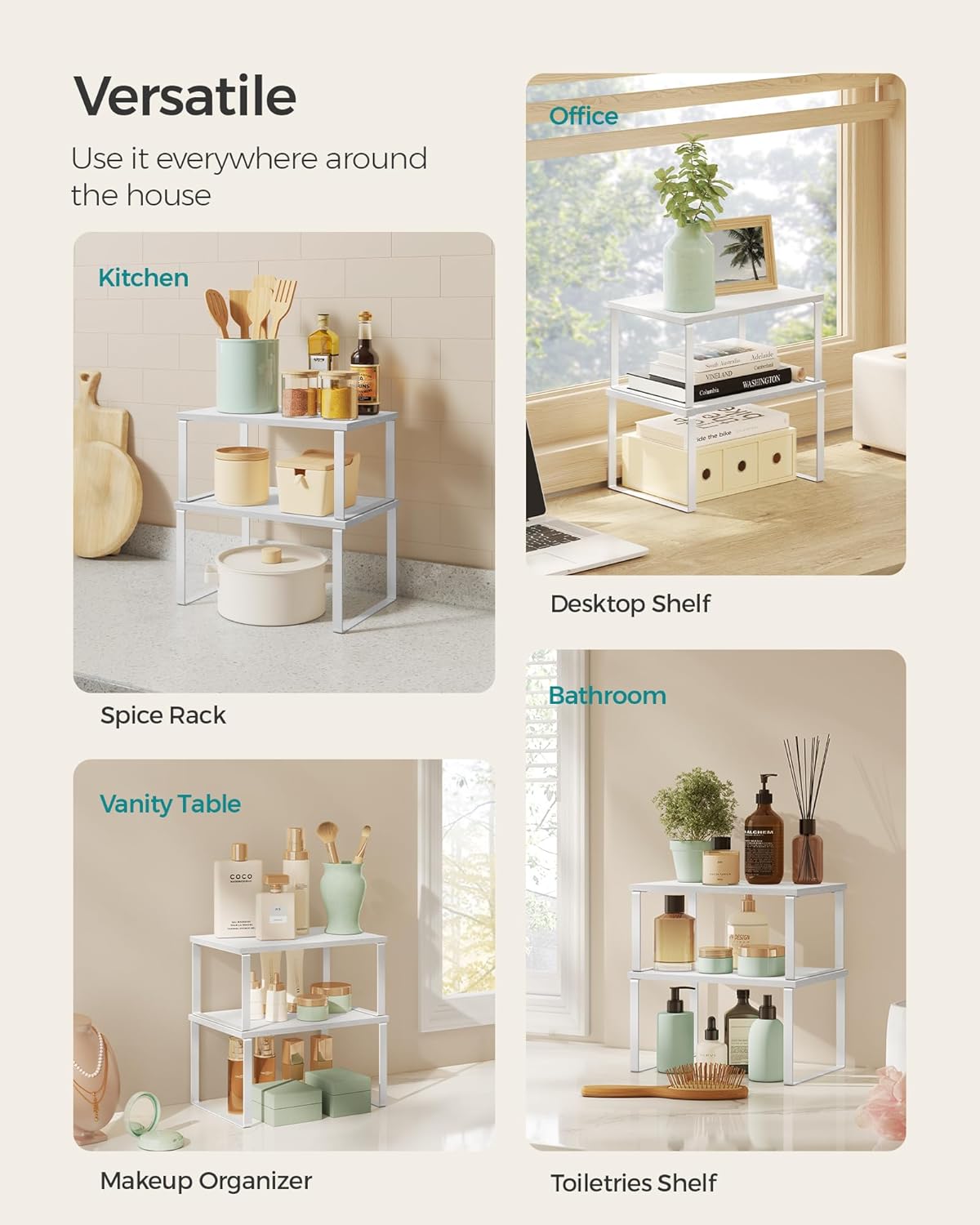 SONGMICS Kitchen Organizer Shelves - Set of 2 Stackable Spice Racks in Cloud White & Snow White