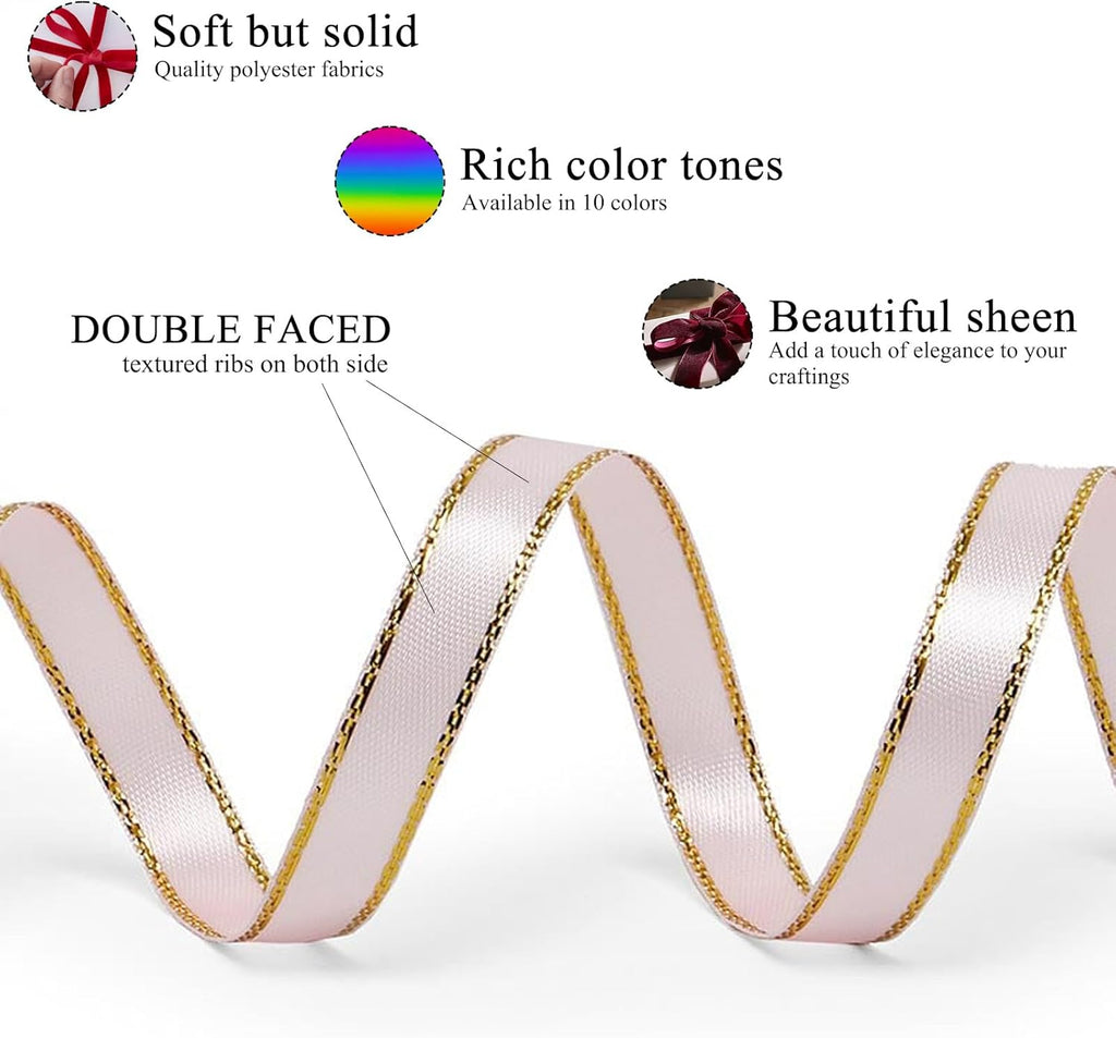 Skiennix Light Pink Satin Ribbon - Gold Edges for Spring Gift Wrapping & DIY Crafts | 25 Yds x 3/8 in