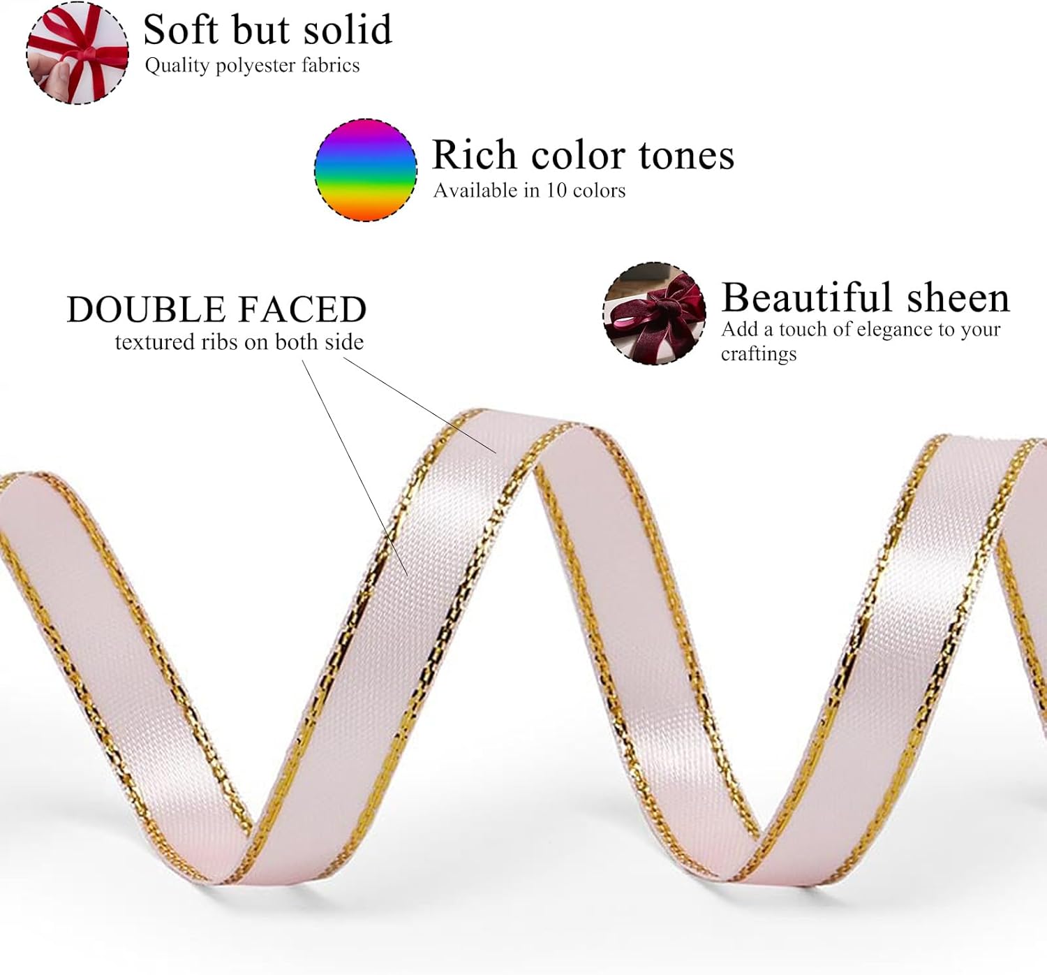 Skiennix Light Pink Satin Ribbon - Gold Edges for Spring Gift Wrapping & DIY Crafts | 25 Yds x 3/8 in