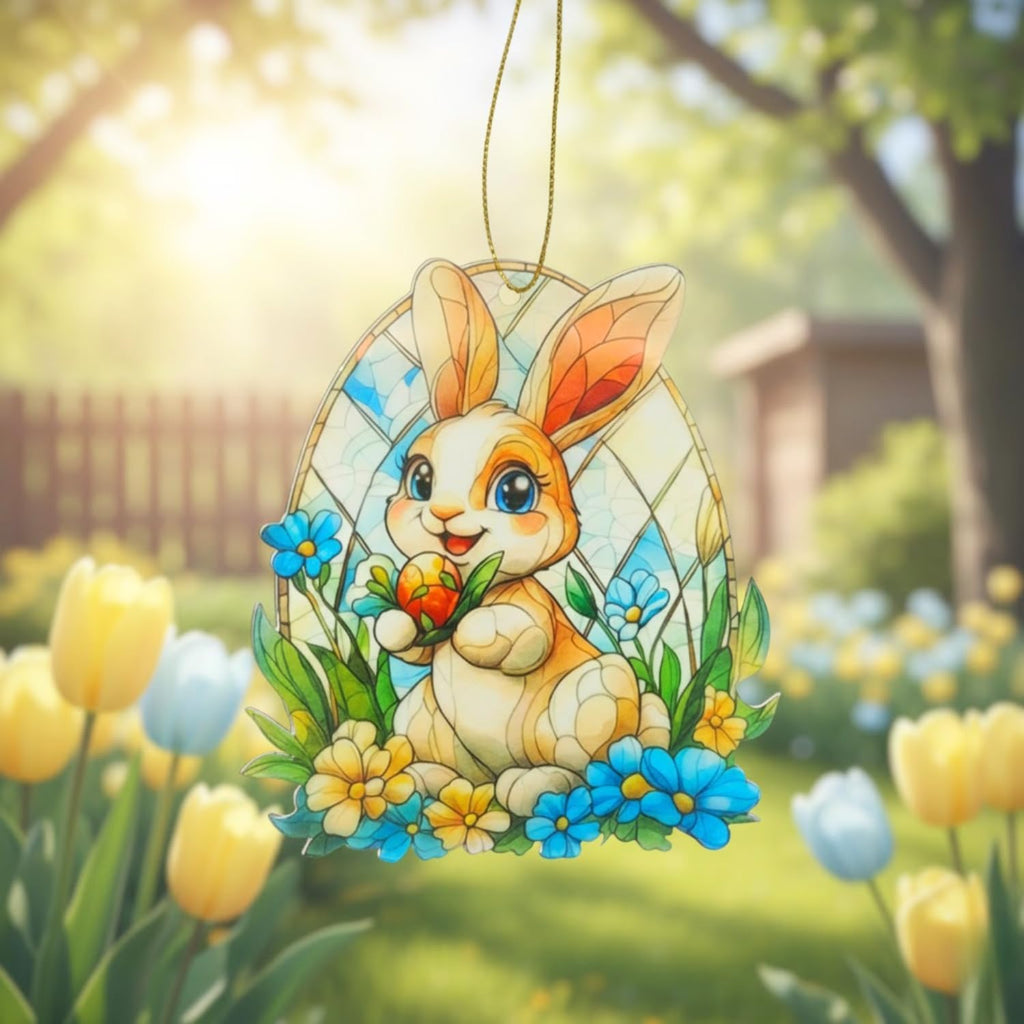Skiennix Easter Ornaments - Cute Bunny Acrylic Suncatcher | Faux Stained Glass Effect for Home & Basket - Colorful White Bunny Design
