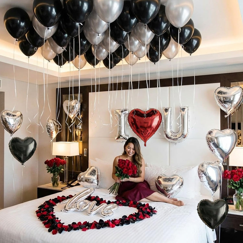 Black Silver Romantic Special Night Decorations with I Love You and Heart Balloons & 600 Rose Petals for Anniversary, Valentine Day, Bedroom, Hotel Room, Birthday Decorations for Him