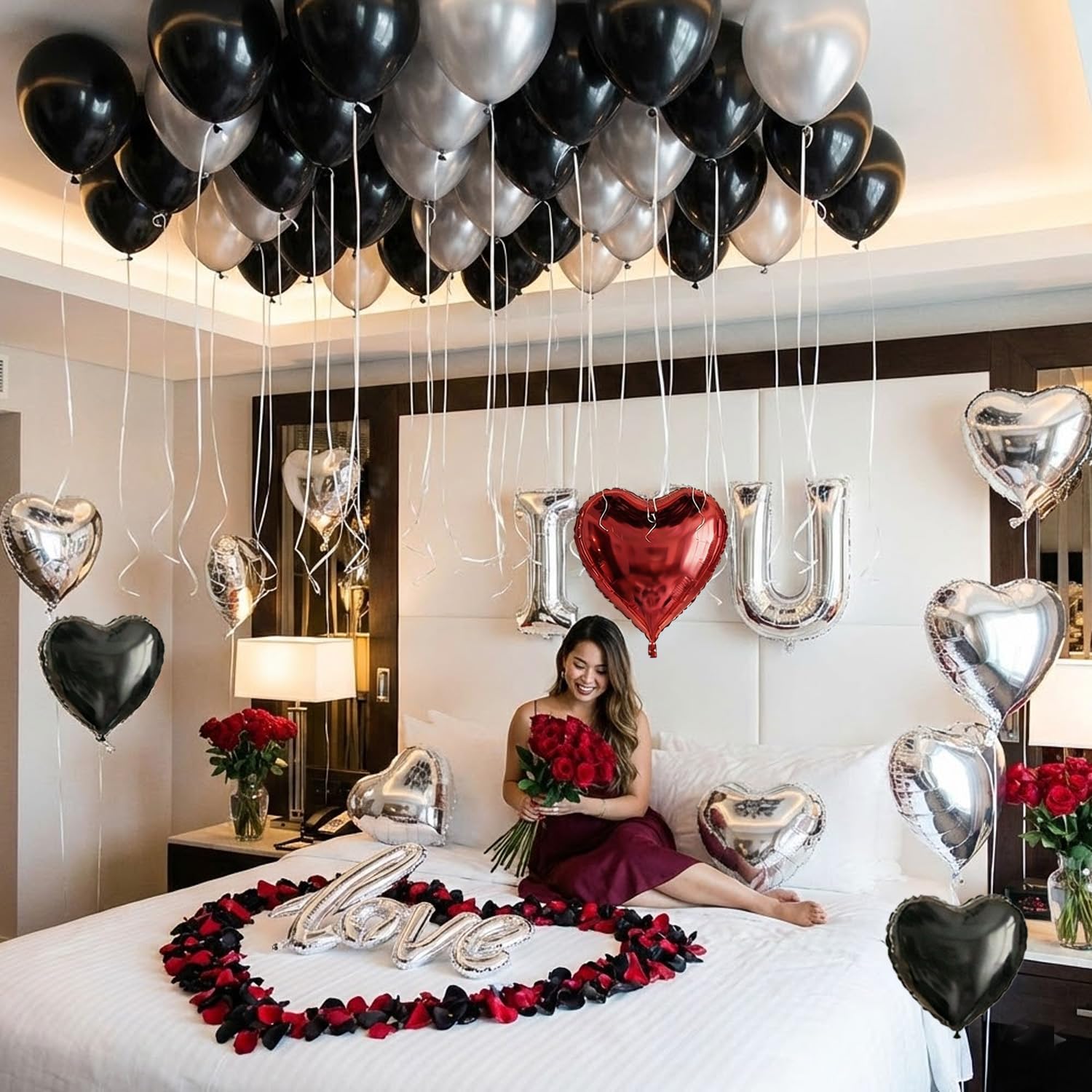 Black Silver Romantic Special Night Decorations with I Love You and Heart Balloons & 600 Rose Petals for Anniversary, Valentine Day, Bedroom, Hotel Room, Birthday Decorations for Him