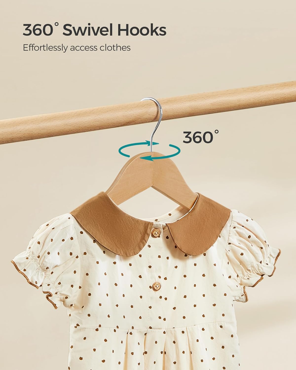 SONGMICS Kids Wooden Hangers - 20 Pack Solid Wood Baby Hangers with Pants Bar & Swivel Hooks | 12.6 x 7.5 Inches, Natural/Silver
