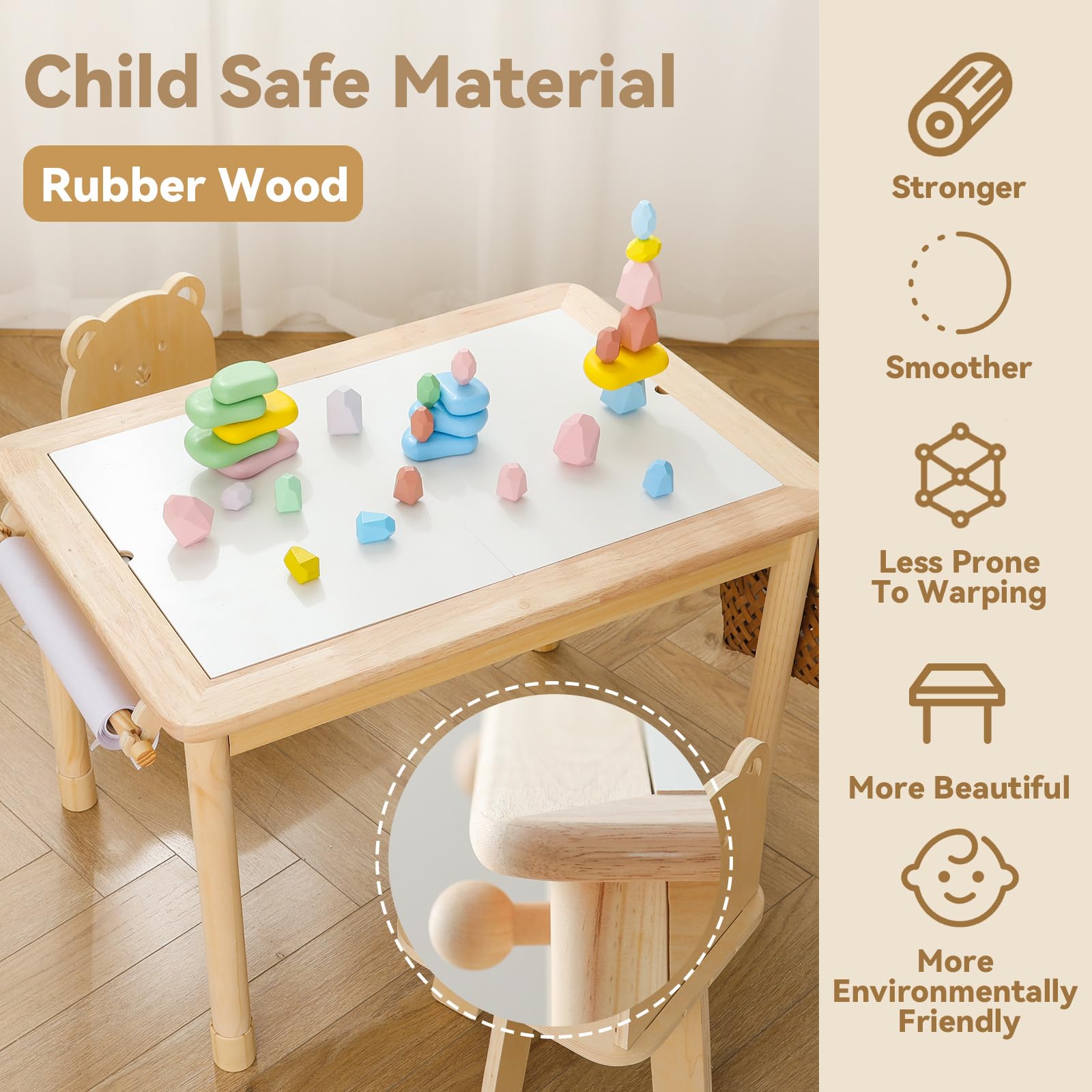 IEATFO Rubber Wood Montessori Sensory Table - 3 Foldable Storage Bins, Reinforced Frame, Height Adjustable Children's Table - Multifunctional Kids Activity Table Promotes Sensory Experiences & Growth