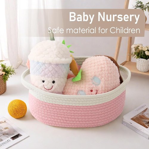 JMvicyroam Woven Storage Baskets - Small Rope Organizer with Handles for Shelves & Closets | White & Pink (3 Pack)