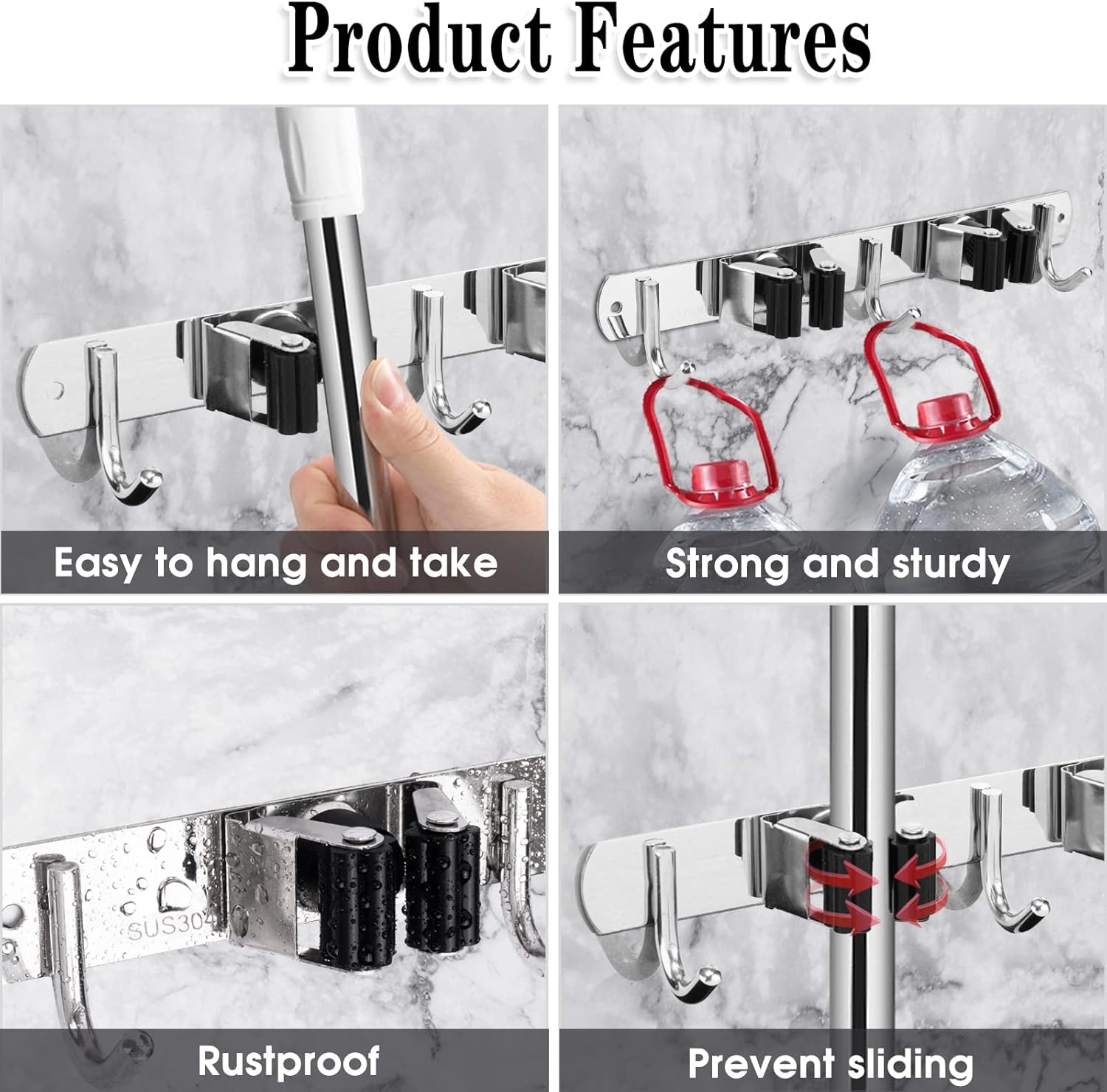 Skiennix Wall-Mounted Broom and Mop Holder | Heavy-Duty Stainless Steel Organizer with 2 Racks & 3 Hooks