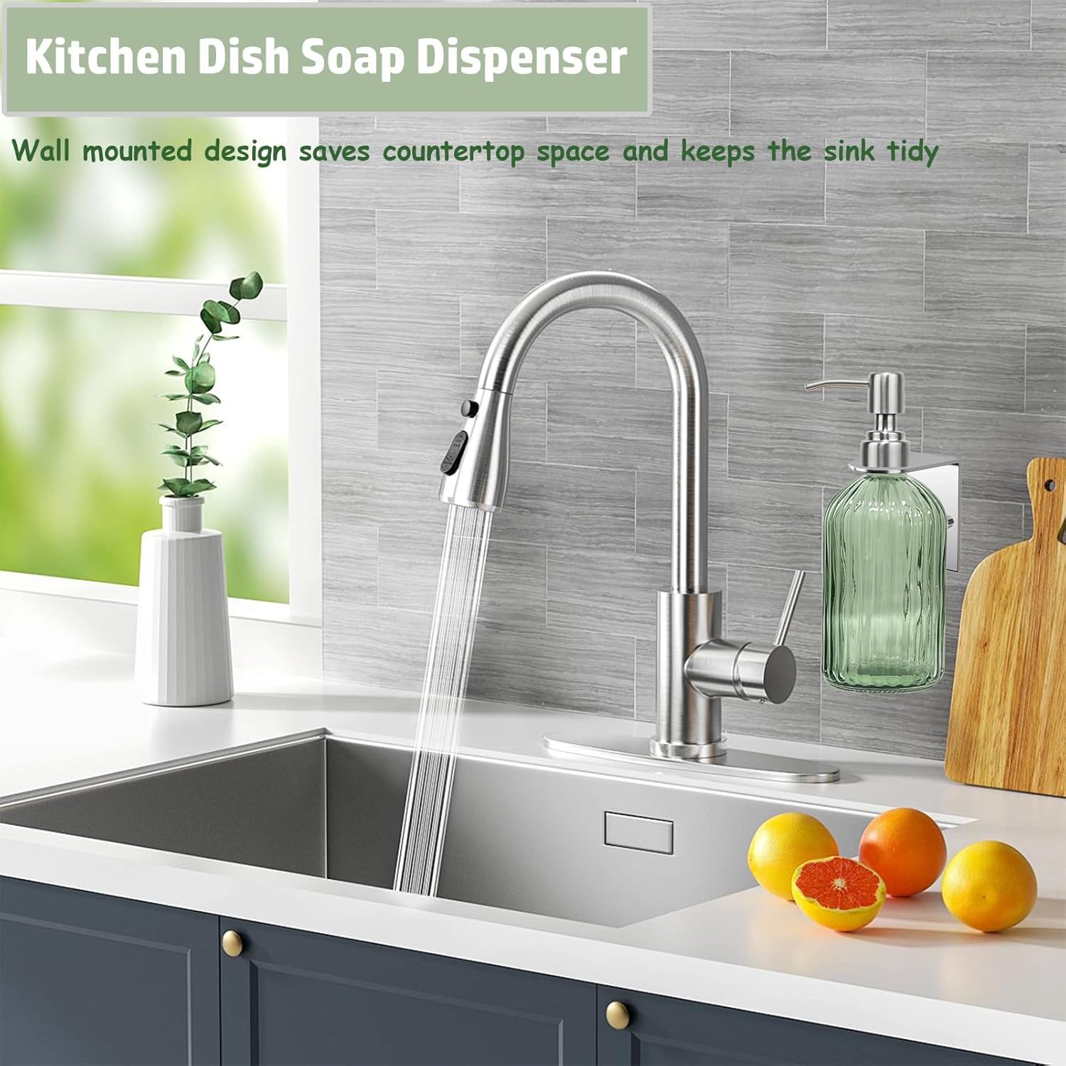 Green Shampoo and Conditioner Dispenser for Wall Mount, 14oz Clear Glass Shower Soap Bottle for Bathroom, Modern 1 Chamber No Drill, Easy Refill Hand Body Wash Dispensers with Stainless Steel Pump