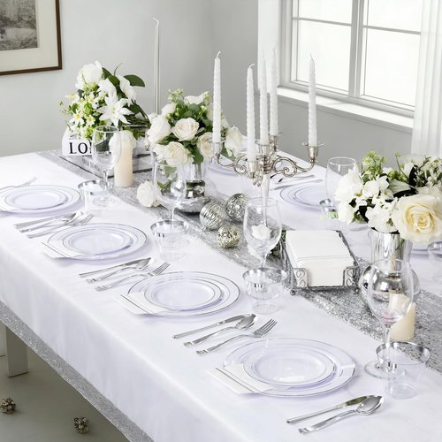 GATHER 350PCS Silver Plastic Plates - White and Silver Disposable Plates for 50 Guests Includes 100 Plate, 50 Napkins, 150 Silvery Cutlery and 50 Cups for Party & Wedding