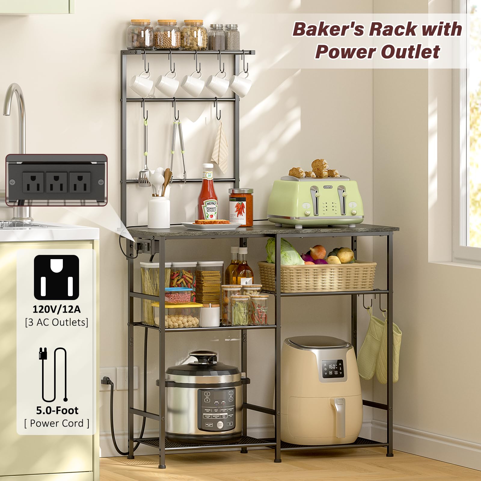 3IngSeagulls Bakers Rack with Power Outlet, Kitchen Microwave Stand with 10 S-shaped Hooks, 6-Tier Coffee Bar Station, Kitchen Storage Shelf Rack for Spices, Pots, Gray