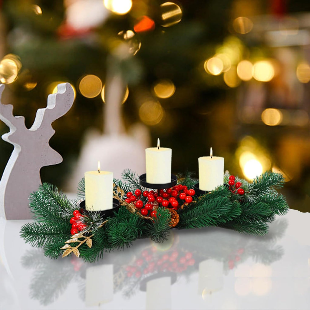MorTime Christmas Centerpiece - 3 Candle Holders with Red Berries & Pine Cones | Indoor Holiday Decor