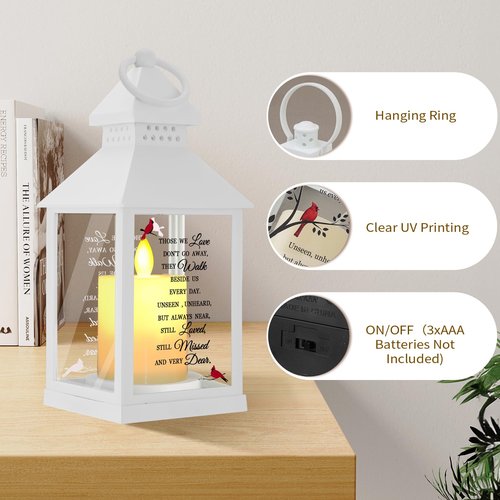 Sympathy Gifts for Loss of Loved One, Bereavement Memorial Lanterns with Card - Remembrance Gifts for Loss of Mother or Father with Candle and Remote (White)