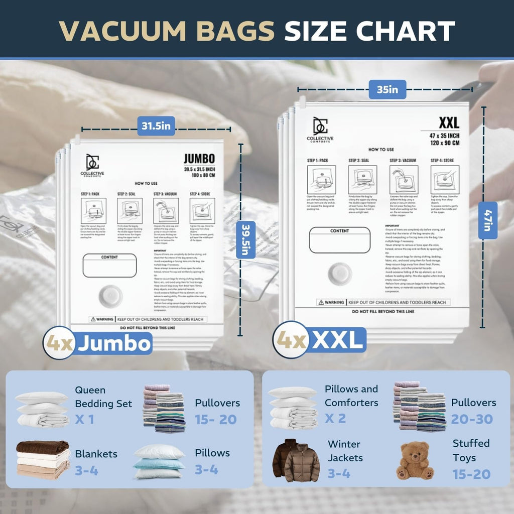 Skiennix Vacuum Storage Bags - 8 Pack of 4 XXL & 4 Jumbo Compression Bags for Blankets & Clothing