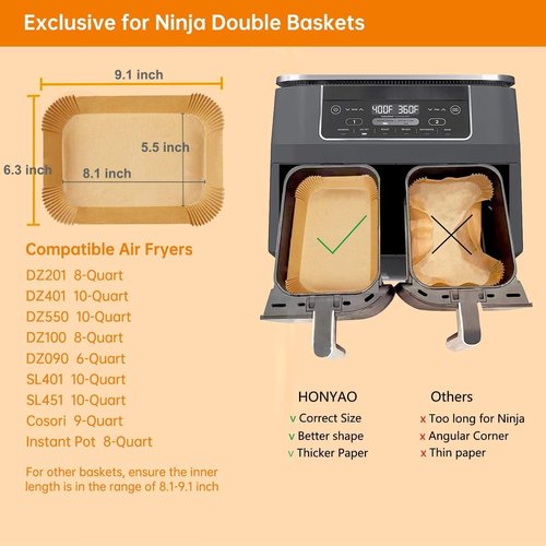 HONYAO Air Fryer Paper Liners - Disposable Baking Inserts for Ninja Foodi DZ201/401 | 8.1x5.5 Inch, BPA Free
