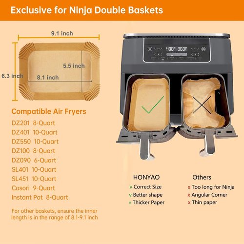 HONYAO Air Fryer Paper Liners for Dual Zone Airfryer, 200pcs Rectangle Disposable Inserts for Ninja Foodi DZ201 DZ401 DZ550 other 8-10 qt 2-Basket Air Fryers, Food Grade BPA Free (9'' x 6'' on Top)