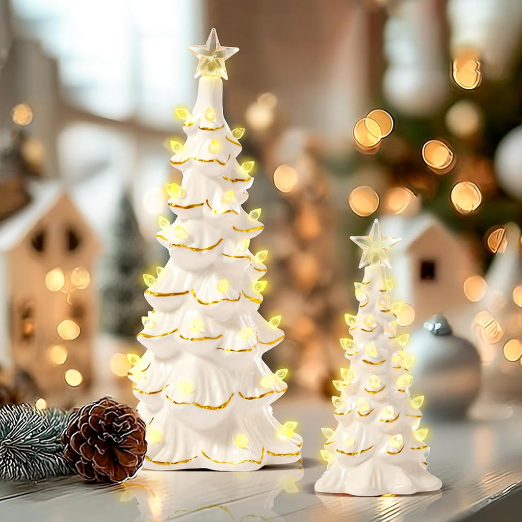 WDS WONDROUS Ceramic Christmas Tree Tabletop - Prelit White & Gold Accents | 2-Piece Small Xmas Decor