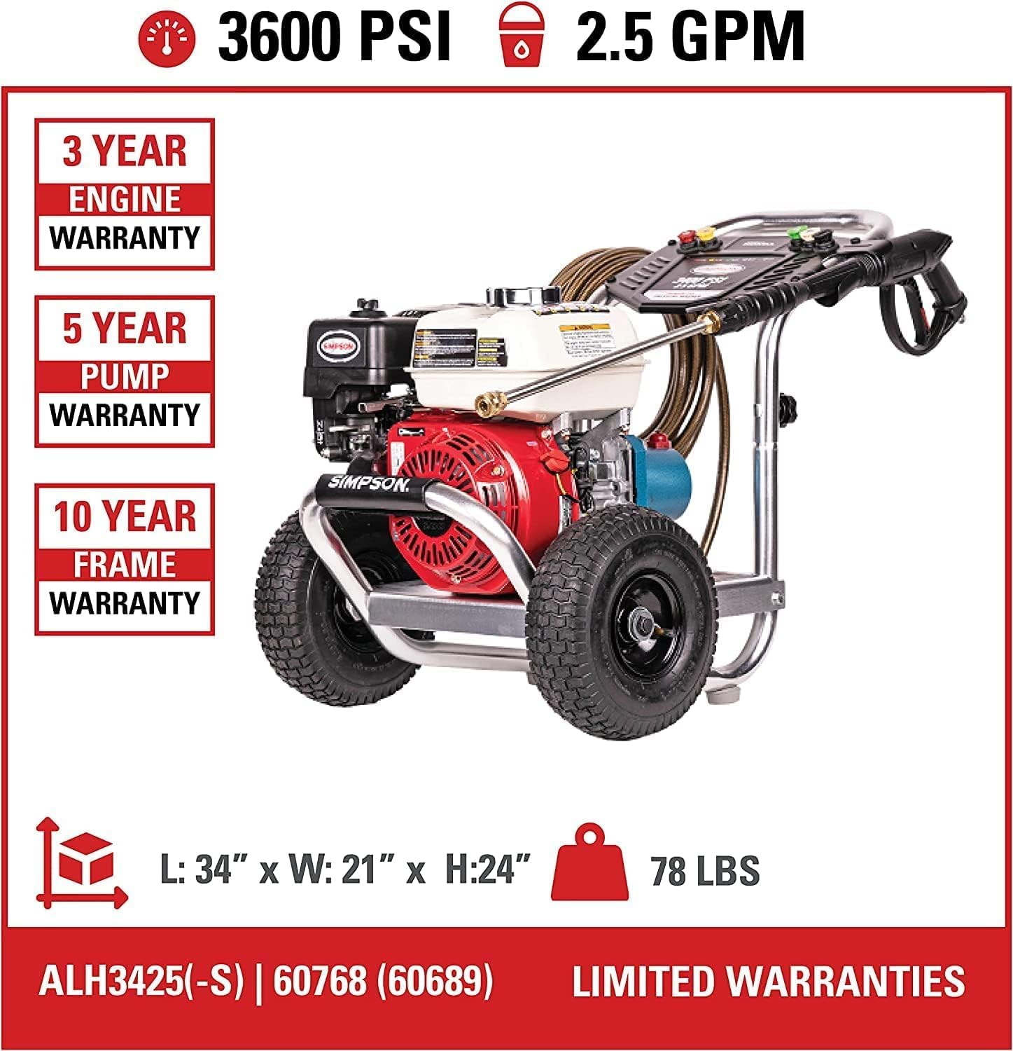 Simpson 3600 PSI Gas Pressure Washer - 2.5 GPM Commercial Power with Honda GX200 Engine & 35' Hose