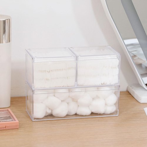 GOXITAX 2 Pack Qtip Holder Dispenser with Lid , Plastic Bathroom Vanity Canister for Counter, Drawer and Cabinet Use, Cotton Balls, Makeup Pads, Floss Picks, Clear Desk Container