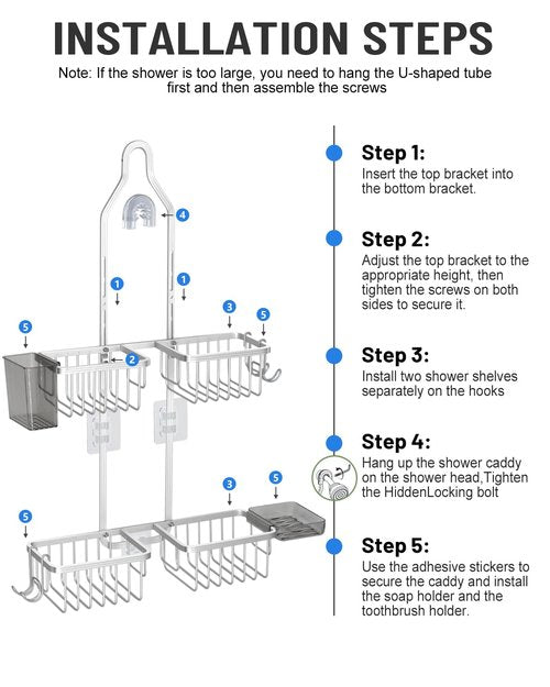 MSAICOE Adjustable Shower Caddy Hanging for Handheld Showerheads - Upgraded Never Rust Shower Hanging Organizer, Bathroom Shower Rack with Soap Basket, Hooks and Toothbrush Holder (Shiny Silver)