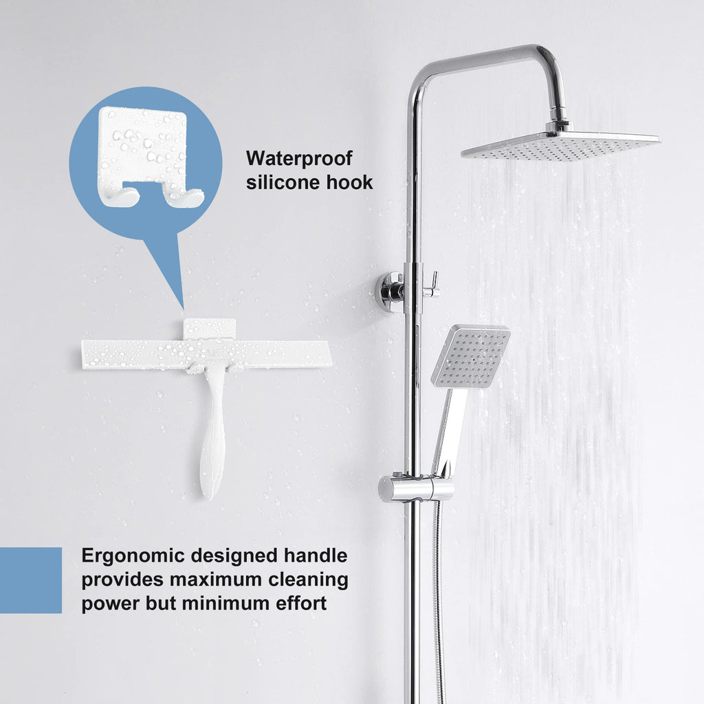 Shower Squeegee for Glass Doors, 11-Inch Silicone Squeegee with Non-Slip Handle and Adhesive Hook for Bathroom, Mirror, Tile, Car Window (White)