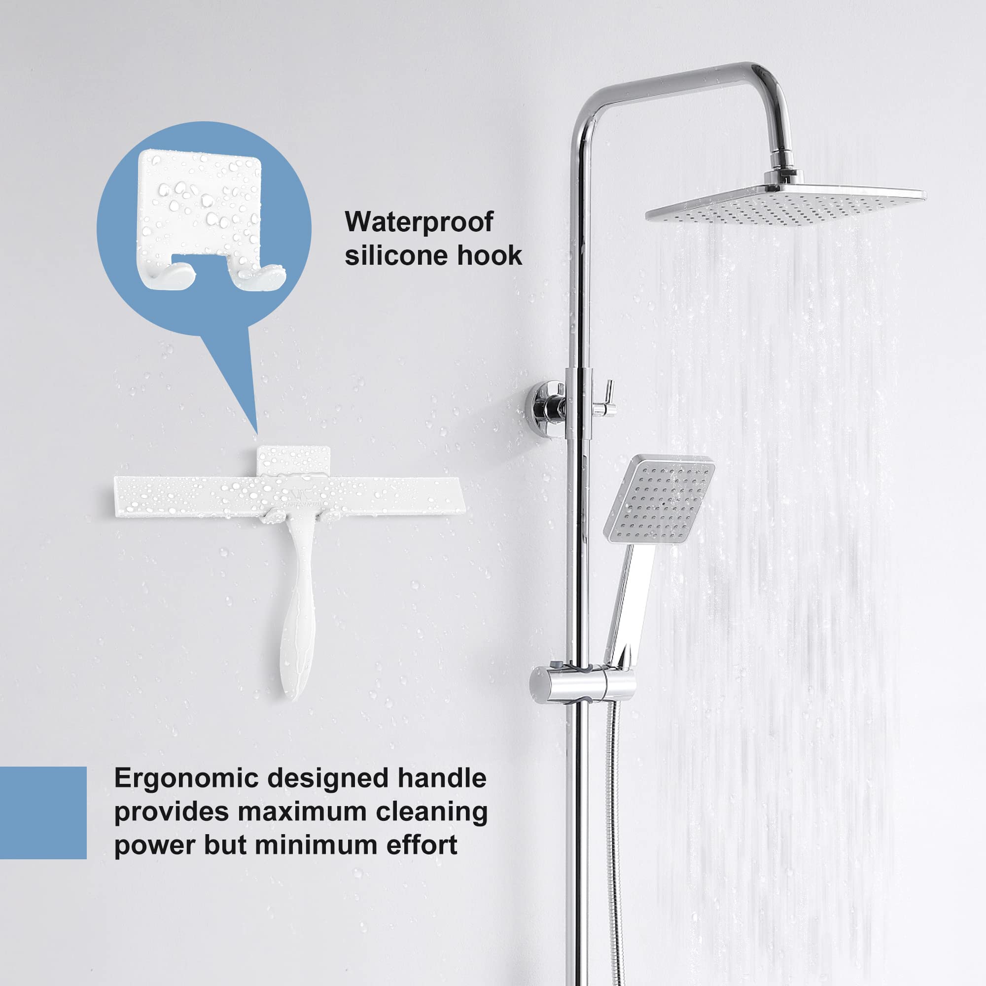 Shower Squeegee for Glass Doors, 11-Inch Silicone Squeegee with Non-Slip Handle and Adhesive Hook for Bathroom, Mirror, Tile, Car Window (White)
