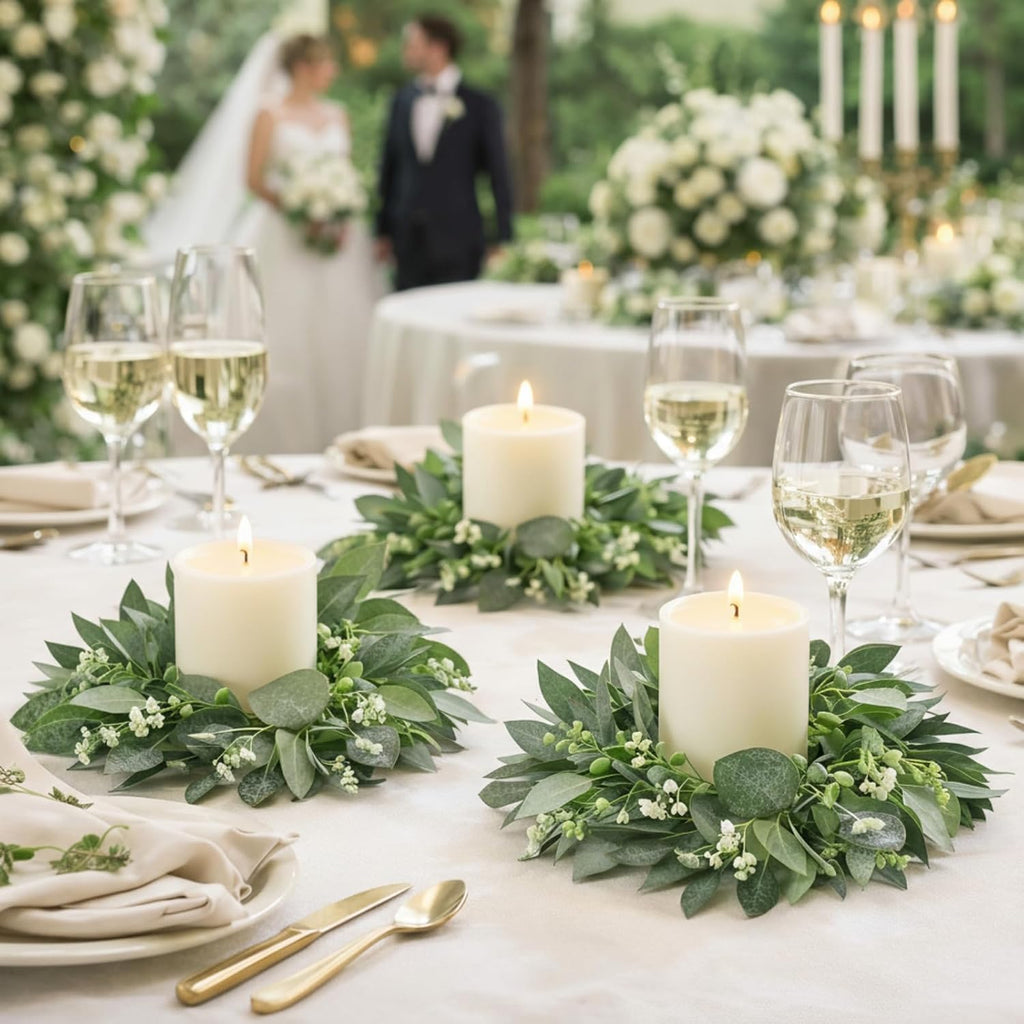 Thinkday Eucalyptus Candle Ring Set - 4 Inch Mini Artificial Wreaths for Pillar Holders | Green Floral Decor