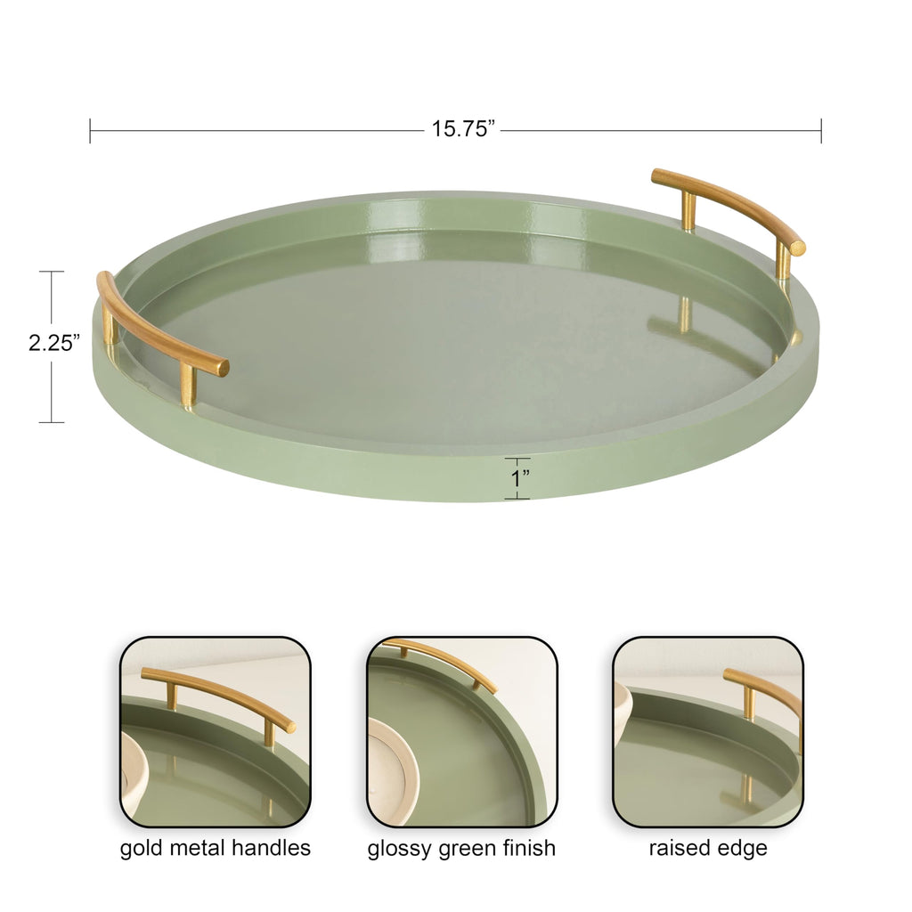 Kate and Laurel Halsey Decorative Wooden Round Tray with Polished Metal Handles, 16 Inch Diameter, Sage Green and Gold, Modern Glam Circle Serving Tray for Use as Ottoman Topper or Coffee Table Accent
