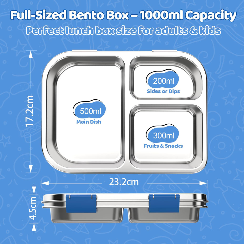TOURPOR Stainless Steel Bento Box for Kids 1000ml - 3 Compartment Lunch Box for Adults, Leakproof Food Container, BPA-Free Metal Lunch Box with Silicone Seal, Eco-Friendly/Dishwasher Safe (Blue)