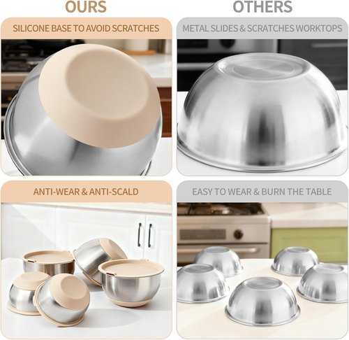 Deedro Premium Mixing Bowls Set - 22 Pcs Thicker Stainless Steel with Airtight Lids | Non-Slip Silicone Base, Khaki