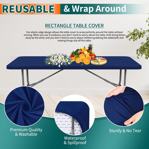 Showgeous 10-Pack Rectangle Picnic Table Cloth - Outdoor Elastic Tablecloth, Waterproof Spandex, Navy Blue, 30"x96"