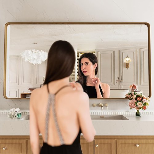 LOAAO Bathroom Mirror - 77x36 Inch Rounded Rectangle with Wood Grain Metal Frame | Anti-Rust, Versatile Hanging Options