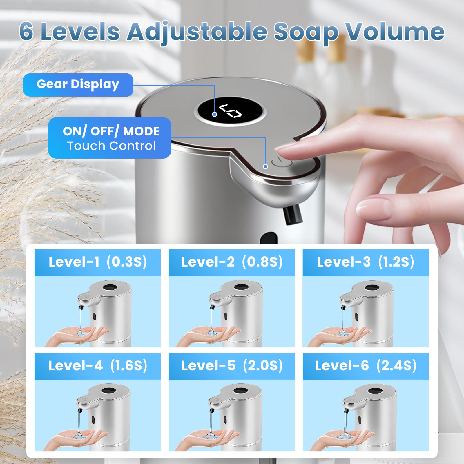 Automatic Soap Dispenser, Touchless Liquid Soap Dispensers, USB Rechargeable, 6-Level Adjustable Volume Control, 12.8oz/380ml, Wall Mount for Kitchen, Bathroom, Free Liquid Dispenser Stickers (Silver)