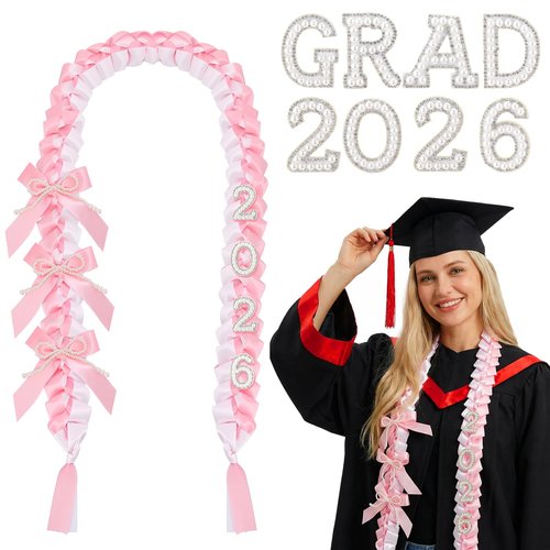 JATEBI 9 Pcs Coquette Graduation Leis&Cords Set 59 Inch Pink Ribbon Lei with Pearl Bows and Patches for 2026 Graduate Gifts