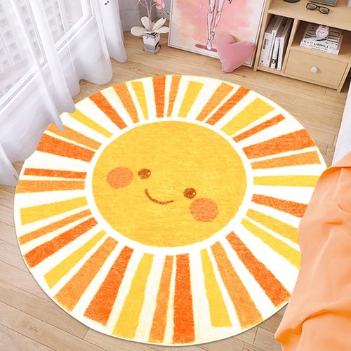 Lacomfy Kids Rug Boho Sun Play Mat 4Ft Round Sunshine Bedroom Carpet for Boys Girls Circle Nursery Mat for Playroom, Washable Sun Area Rug for Classroom Living Room, Children's Rugs, Orange Yellow