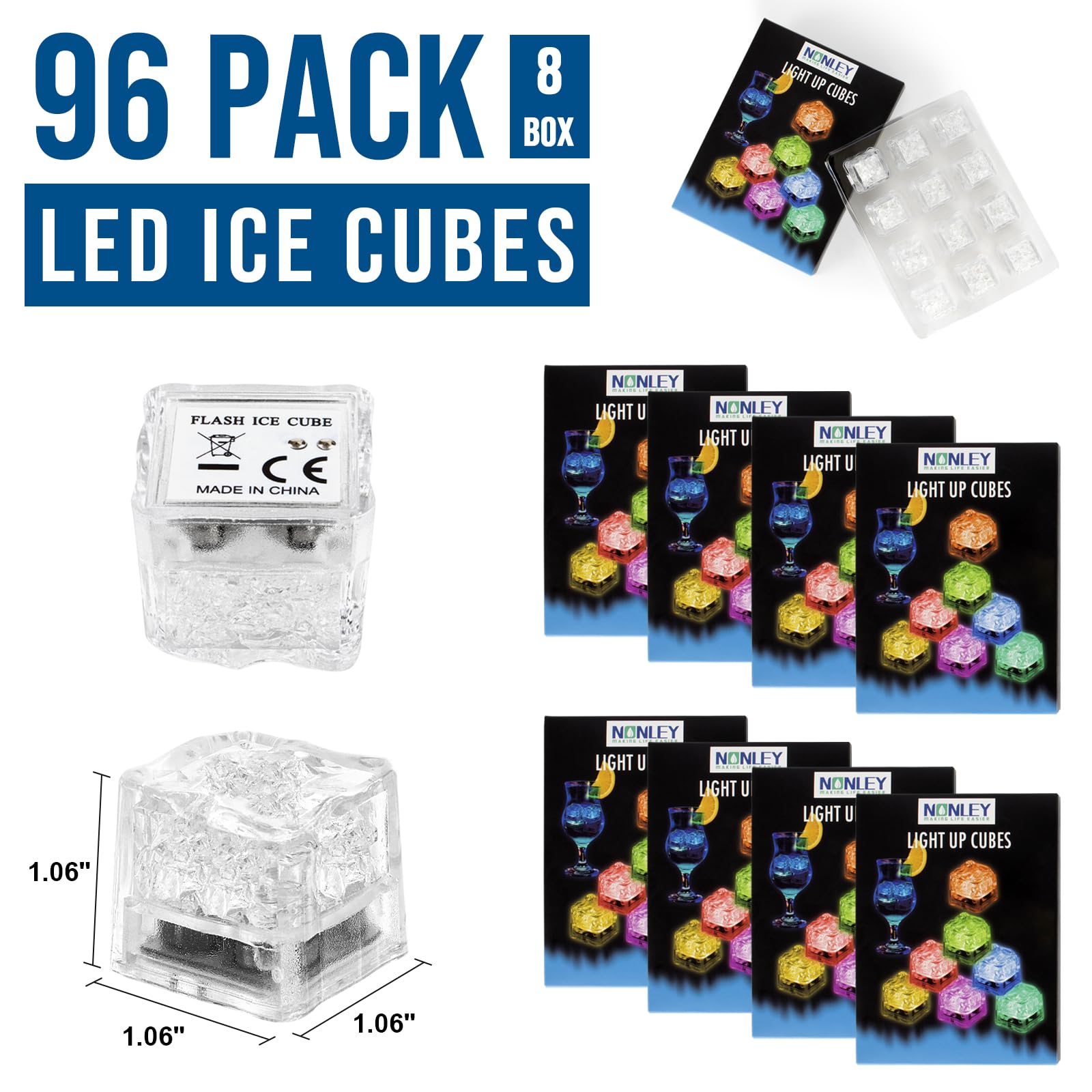 Light Up Ice Cubes, 96 PCS Multi Color Led Ice Cubes for Drinks with Changing Lights, Reusable Glowing Flashing Ice Cube for Club Bar Party Wedding Decor
