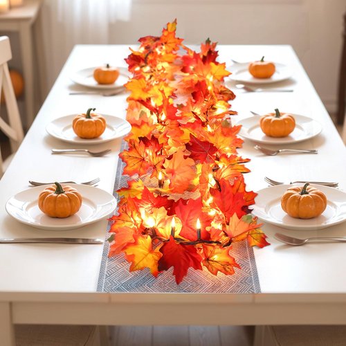 Fall Decorations Lighted Fall Garland, 9FT 50 Count Incandescent Lights Brown Wire UL Certified Connectable Maple Leaves String Lights for Home Party Fireplace Mantle Thanksgiving Decor (Orange, 9FT)