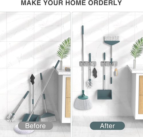 Homeasy Wall Mount Mop and Broom Holder - Heavy Duty Stainless Steel Organizer Rack | 2-Pack, No Drill Installation, Silver