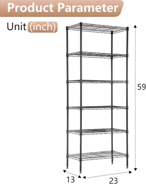 FDW 6-Tier Wire Shelving Unit - Adjustable Metal Storage Rack for Kitchen & Garage | 23"L x 13"W x 59"H - Black