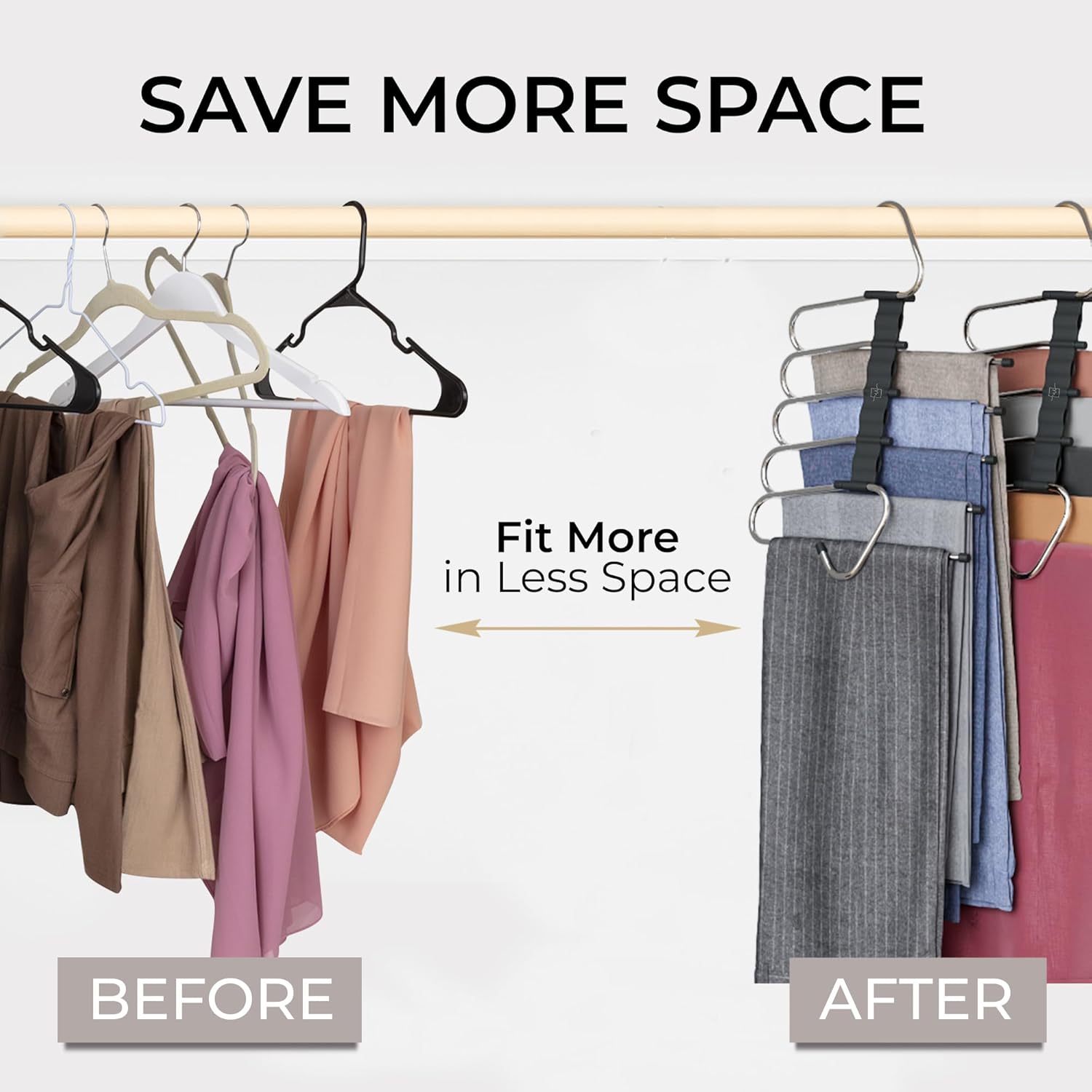 MORALVE Pants Hangers - Space-Saving Non-Slip Multi-Layer Closet Rack - 4 Pack for Jeans, Trousers & Skirts (Black)