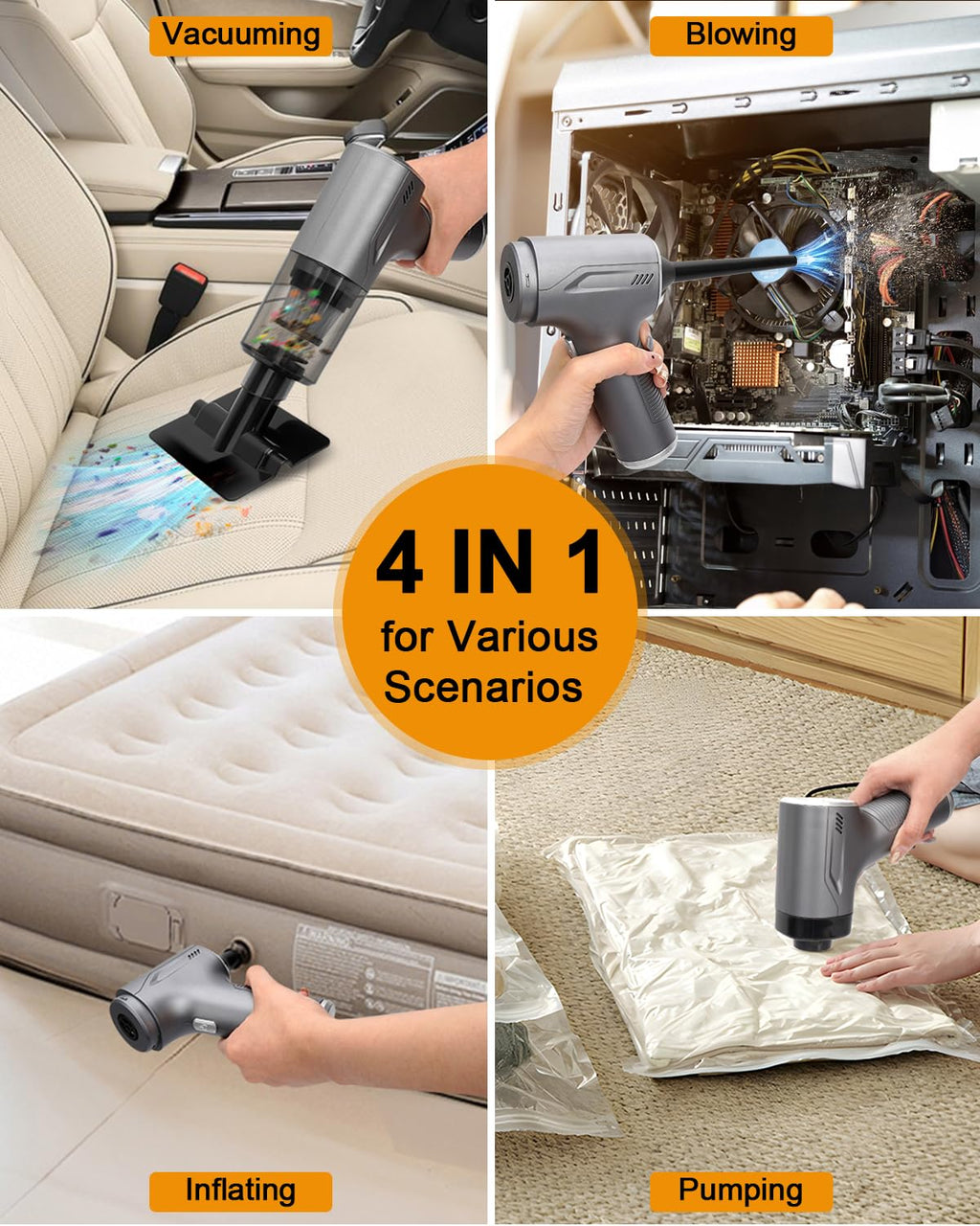 4 in 1 Handheld Vacuum Cordless, 20000PA High Power Car Hand Vacuum Cleaner, Mini Portable Brushless Motor Dust Busters Cordless Rechargeable with Multi Accessories for Home, Office, Pet (Black)