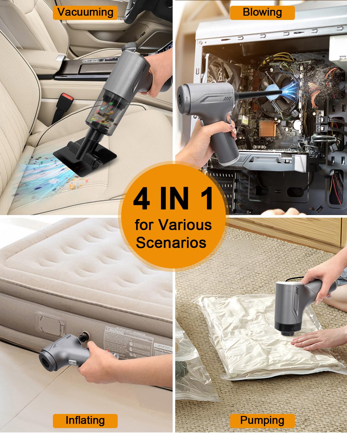4 in 1 Handheld Vacuum Cordless, 20000PA High Power Car Hand Vacuum Cleaner, Mini Portable Brushless Motor Dust Busters Cordless Rechargeable with Multi Accessories for Home, Office, Pet (Black)