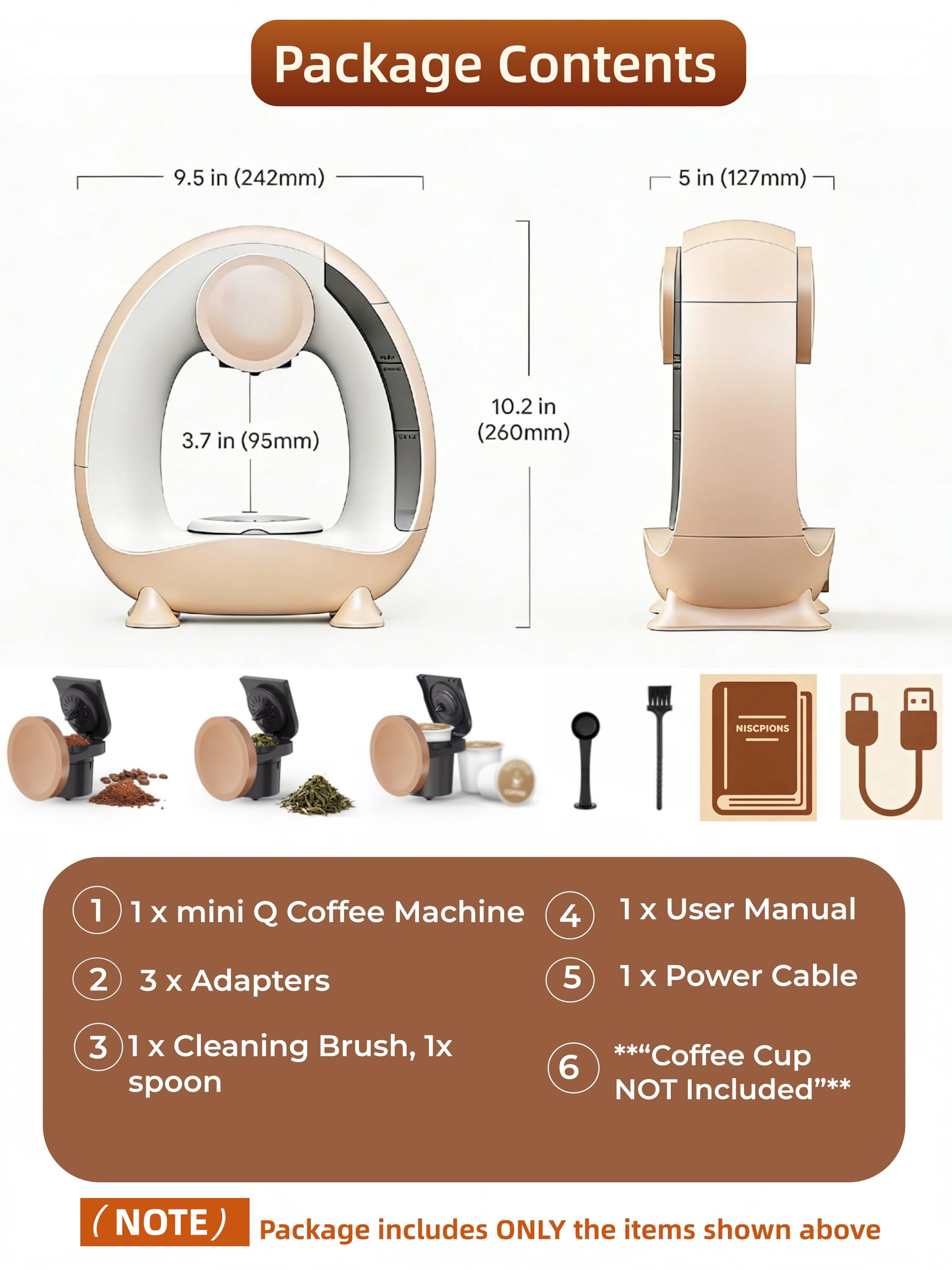 HAILASRE 3 in 1 Single Serve Coffee Maker for K Cup Brewer,Ground Coffee and Tea Leaves,1400W 20s Fast Heating Mini Q,One Button Operation, Outdoor Portable for Small Spaces（Coffee Cup NOT Included）