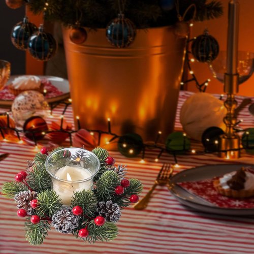 Christmas Candle Rings - Artificial Berries & Pinecones | 3-Inch Wreaths for Festive Table Decor