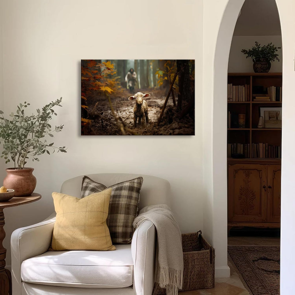 Ploceiny Large Jesus Running After Lost Lamb Canvas Wall Art - Perfect Baptism Gift | 36" x 24" Home Decor