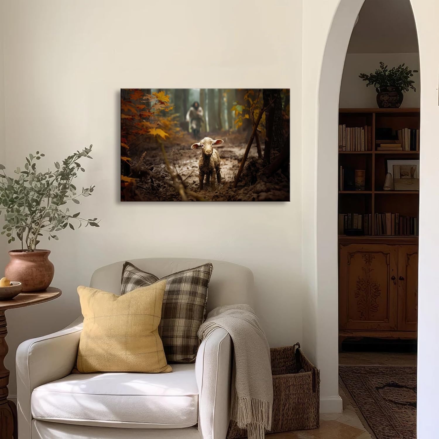 Ploceiny Large Jesus Running After Lost Lamb Canvas Wall Art - Perfect Baptism Gift | 36" x 24" Home Decor