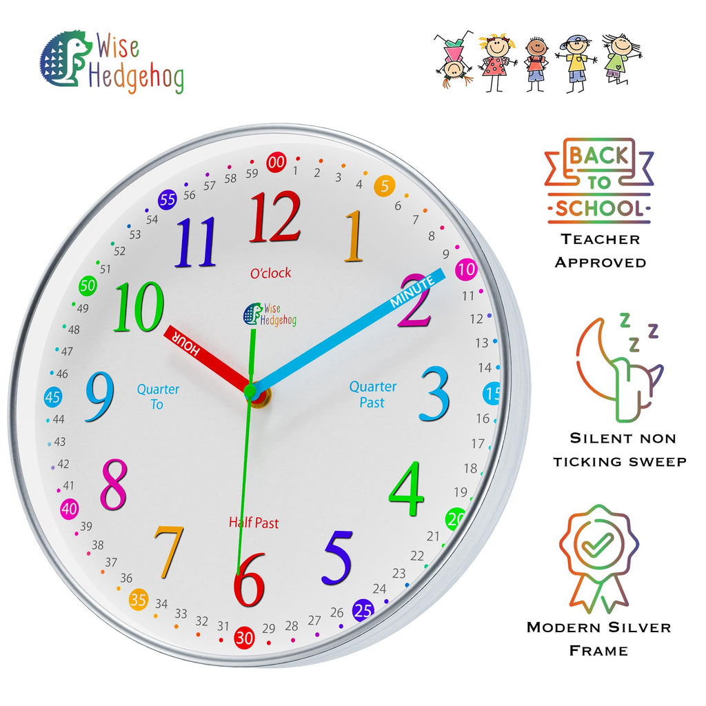WISE HEDGEHOG Learning Clock for Kids, Silent Non Ticking, Telling Time Teaching Clock, Room Wall Decor for Bedrooms, Analog Kids Clock for Teaching Time, Kids Learn to Tell Time Easily