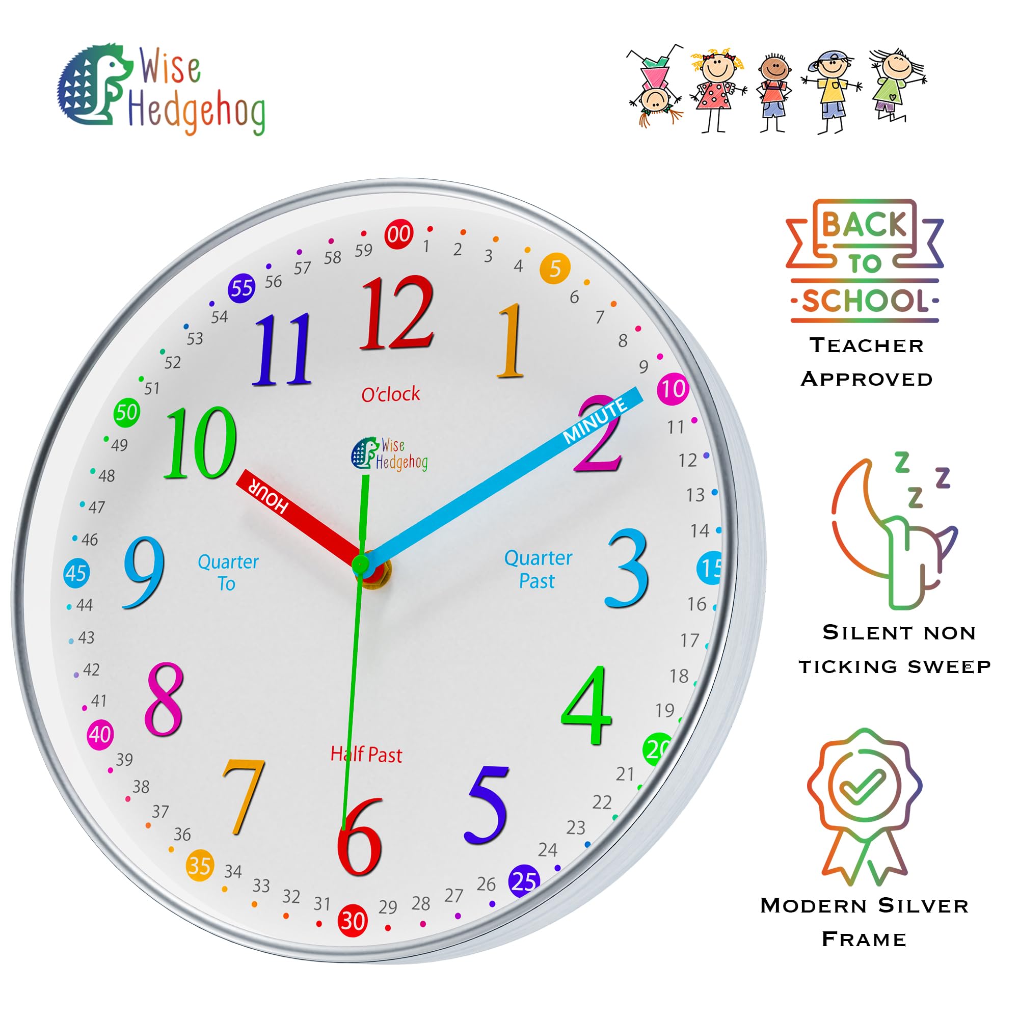 WISE HEDGEHOG Learning Clock for Kids, Silent Non Ticking, Telling Time Teaching Clock, Room Wall Decor for Bedrooms, Analog Kids Clock for Teaching Time, Kids Learn to Tell Time Easily
