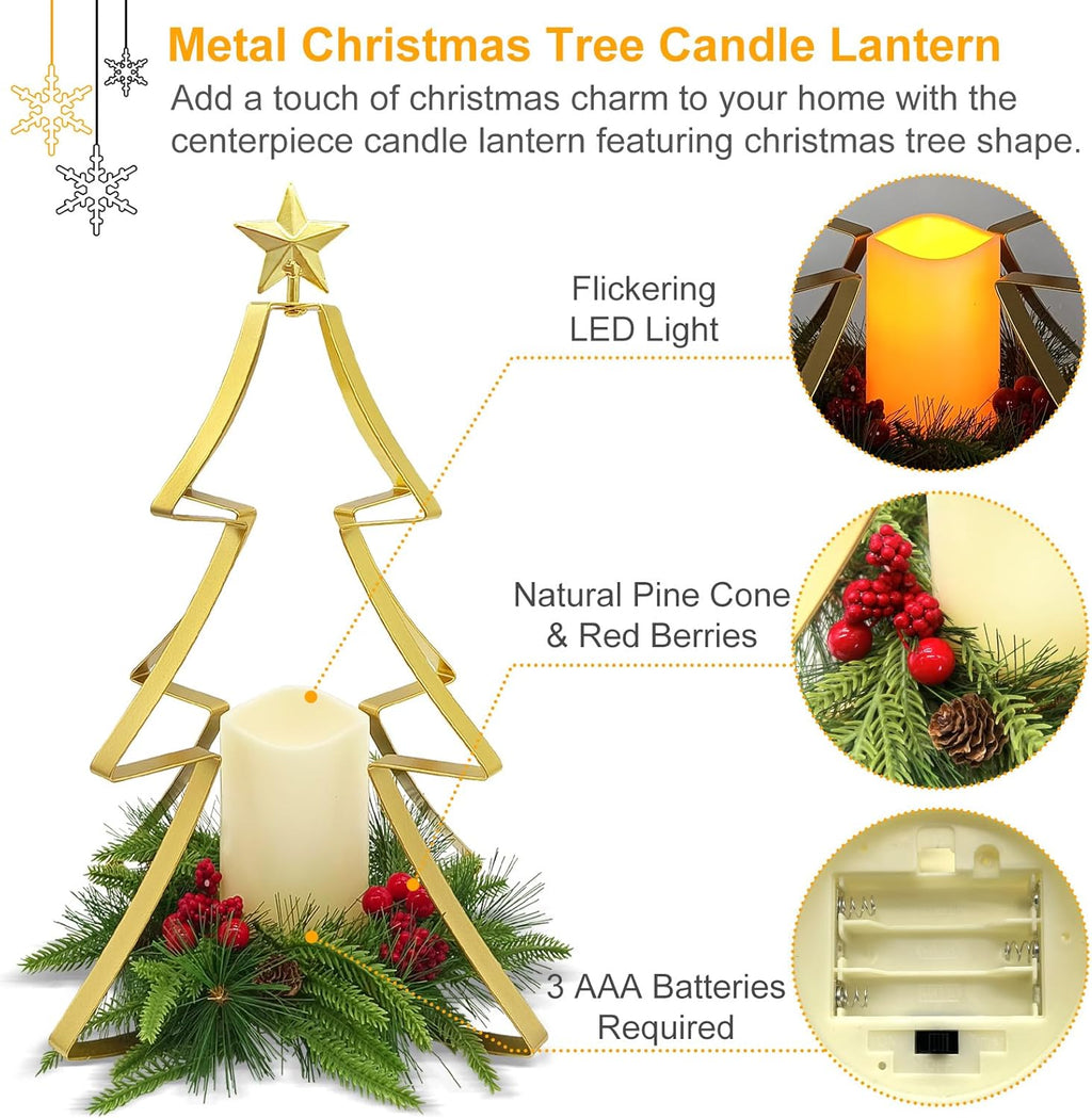 Regine Switzerland Christmas Table Centerpiece - Metal Tree Candle Holder with Battery Operated Light & Red Berries Decor