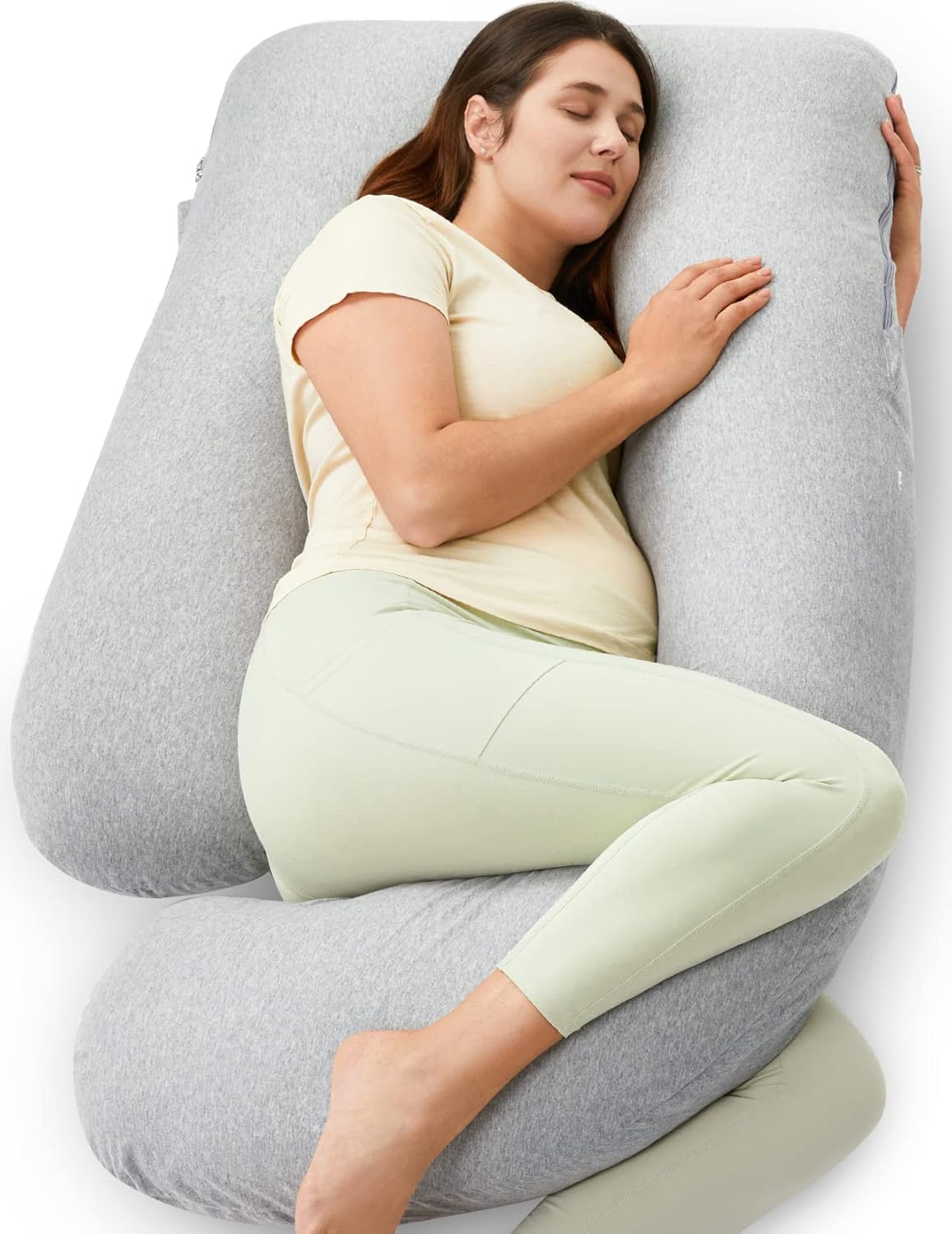 Momcozy U Shaped Pregnancy Pillow - 57 Inch Full Body Maternity Support with Removable Cotton Cover | Hatha Grey